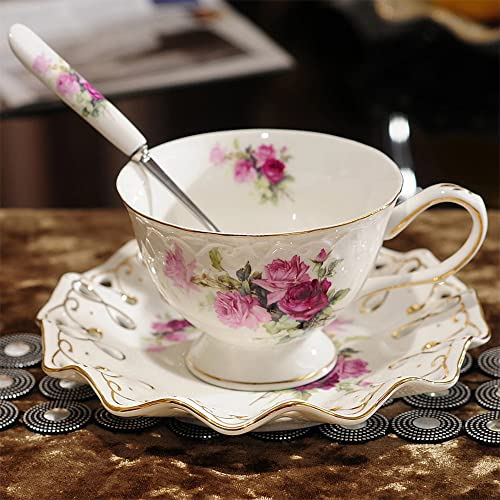fanquare Flower Tea Cup with Saucer, Vintage Coffee Tea Cup Set, Ceramic Coffee Cup for Breakfast Afternoon Tea, White