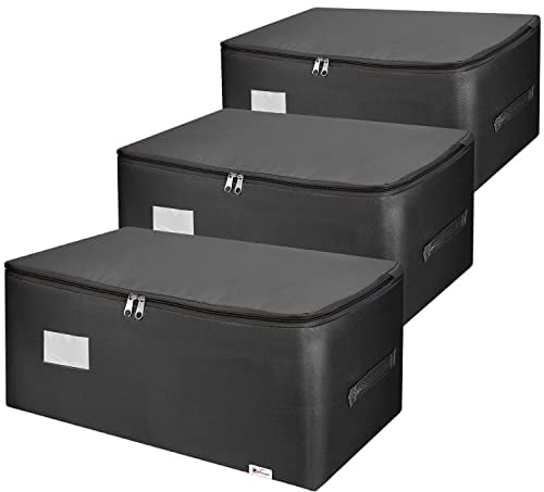 Vinsani 3pk Storage Bags Organiser 50L Huge Capacity Double Zipper Card Markings Strong Handles Moisture-Proof Underbed Storage Moving Bag for Clothes Toys Beddings Comforter – Black