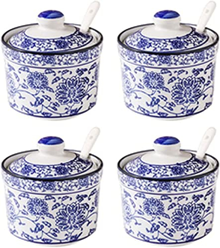 Tarro de especias Tarro de cerámica, azucarero de porcelana azul y blanca china con tapa, azucarero de porcelana con cuchara, salero pequeño, for barra de café, restaurante, azul y blanco, tarros de c