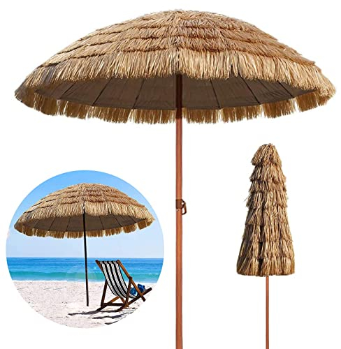 CHEMYO Parasol de Patio en chaume de 200 cm, Parapluie de Plage hawaïen Tropical en Paille avec Inclinaison, Dessus en Paille avec Tissu Pare-Soleil, pour extérieur, Parasol, Jardins, Piscine, Bal