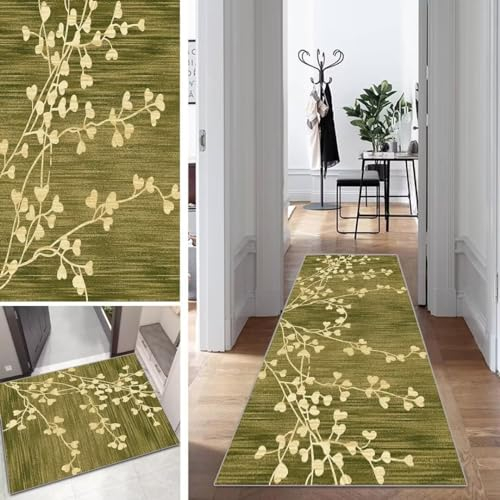 Grün Läufer Teppich Lang Vintage Flur Läufer rutschfest Waschbar 40x250cm Modern Blattmuster Dauerhaft Läuferteppich TeppichLäufer Küchen Korridor Polyester Anpassbar Meterware