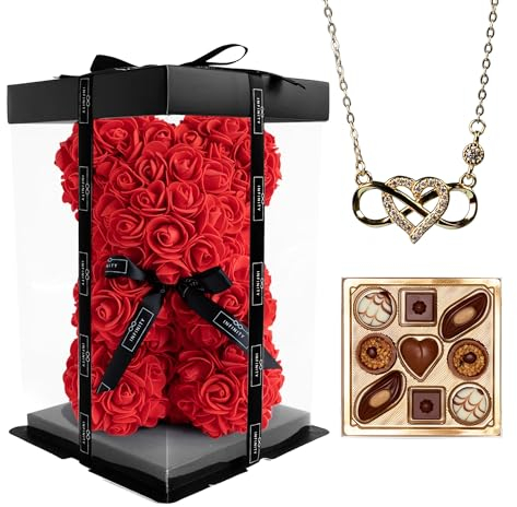 Infinity Flowerbox - Rosen Bär Geschenkset mit Infinity Kette & Pralinen im Set - 300 handbeklebte Rosen mit Duft - Geschenk für Frauen, zum Geburtstag oder Jahrestag (Gold, Vibrant Red)
