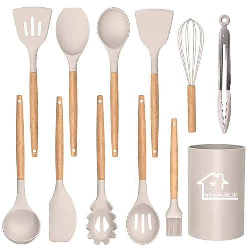 UXIYI Juego de utensilios de cocina de silicona, 12 piezas de utensilios de cocina de silicona, herramientas de cocina antiadherentes resistentes al calor, color caqui