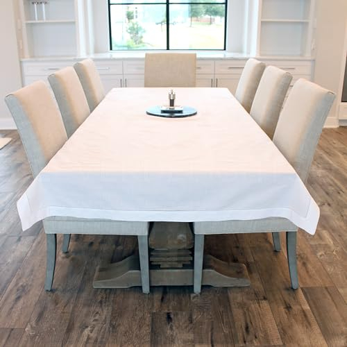CleverDelights Tischdecke mit Hohlsaum, 130 x 274 cm, Leinen-Baumwoll-Mischgewebe, 55/45, Weiß