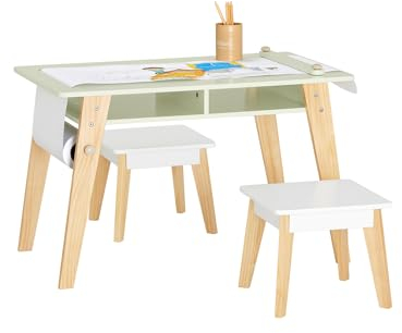 SoBuy KMB92-GR, Children's Table and Stools Set, Modern Art Table with Storage Shelves and Paper Roll Holder, Ideal for Drawing, Studying