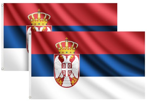 COCOSY 2 Stück Spanische Fahne - 90 x 150 cm 100% Polyester Spanische Flagge mit Messing-Ösen - Wetterfeste & Langlebige SRB Србија Serbia Serbien Serbische Flagge für Sport & Feierlichkeiten
