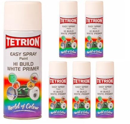 Tetrion Easy Spray Acrylic-Based Multipack Spray Paint 6-Pack for Metal & Wood, Quick Drying & High Build Primer Hi-Build White Primer 400 ml