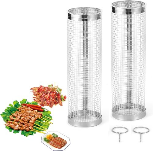 Elegauit Rolling Grill Baskets, 2 Pcs Stainless Steel Wire Mesh Cylinder Grilling Cage, Portable Outdoor Camping Cooking BBQ Accessories Grill for Meat, Fish, Vegetables, French Fries (30X9X9cm)