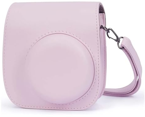 Eyeon - Funda protectora de piel sintética suave con correa de hombro desmontable y bolsillo para cámara instantánea Fujifilm Instax Mini 12, 11, 9, 8, 8+, Rosa cerezo, Piel sintética