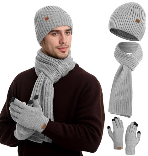 FLEERNIO Herren Winter Mütze Schal Touchscreen Handschuhe Set Thermo Beanie Wintermütze Strickmütze Winterschal Winterhandschuhe Geschenk für Männer