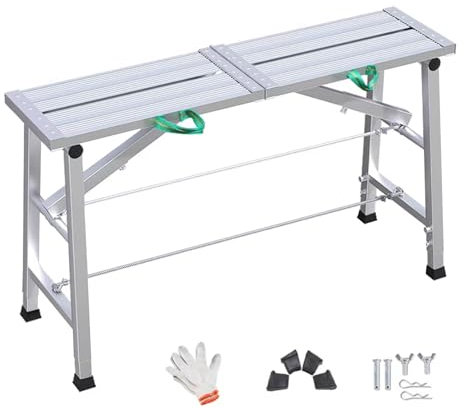 Scaffolding 55.1 59 63 70.8 Inch Long Adjustable Work Platform, Heavy Duty Aluminum Scaffolding with Galvanized Outriggers, Collapsible Platform Ladder(Silver,L150xW27cm(59x10.6))