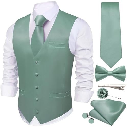 WSHOWY Herren-Weste, Krawatte, Fliege, Satin, V-Ausschnitt, einfarbig, Anzugweste, Manschettenknöpfe, Einstecktuch, formelle Hochzeit, Business, Smoking, Salbeigrün, XXX-Large