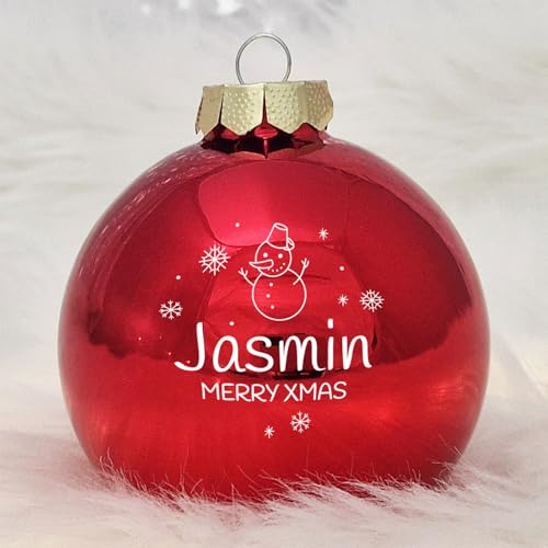 Personalisierte Weihnachtskugel aus Echtglas, 8 cm, rot mit Wunschmotiv (01_Rot, Schneemann)
