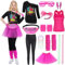 Mrsclaus Tenue des années 80 pour femme, costume d'aérobic pour femme, tenue d'aérobic pour carnaval, soirée à thème, leggings, débardeur rose, jupe en tulle, sac ventral, jambières, gants en filet