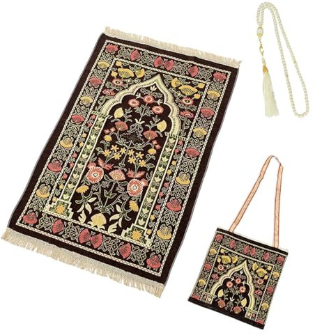 CRFASIBE Muslimisches Gebetsteppich Set mit Gebetskette und Transporttasche, Falbbare Gebetsteppich Sajadah für Unterwegs, Islamische Ramadan Eid Geschenk für Frauen, Männer Muslimische Familie(Braun)