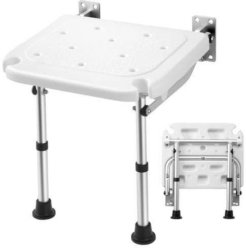 Bellanny Folding Seat for Wall Mounting, 5-Level Height Adjustable Bath Seat Chair up to 180 kg, Aluminium Shower Chair with Non-Slip Feet,Drainage Holes, Shower Head Slot for Elderly, Disabled