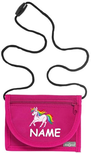 Kiwistar - Brustbeutel pink - Regenbogen Einhorn - 13 x 10 cm Geldbeutel zum umhängen - Geldbörse für Jungen & Mädchen mit Namen individuell personalisiert