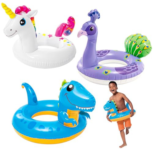 MORAINJAY Lot de 3 bouées de natation pour enfants - Animaux de piscine gonflables - Dinosaure Licorne Paon - Jouet d'eau pour piscine, plage, fête d'été