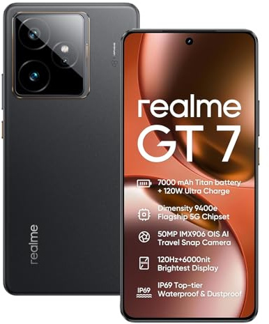 realme GT 7 5G Smartphone 12+256GB,Dimensity 9400e Chipset,50MP IMX906 OIS +50MP Caméra,7000mAh Batterie Titan,6.78'' 120Hz 6000nits Moniteur de Sport Professionnel,NFC,Noir