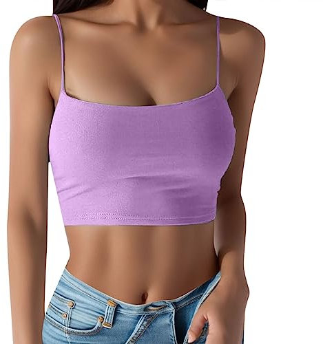 Top de espagueti para mujer, camiseta de verano para fiesta, camiseta de tirantes de color sólido, informal, sin mangas, sexy, túnica delgada, camisetas de verano, para mujer, Lila n.º 2., S