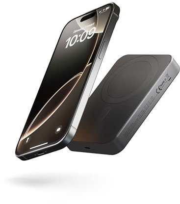 Zens Slim Aluminium Power Bank Qi2 10k mAh, Cargador inalámbrico MagSafe de 15 W para iPhone 16/15/14/13/12 y AirPods, Incluye Cable USB C-C de 30 cm, Negro