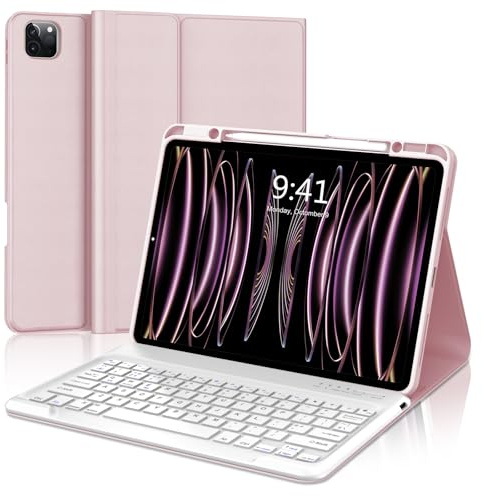 FOGARI iPad Pro 12.9 Keyboard Case 6th/5th/4th/3rd Generation - Wireless Bluetooth Detachable UK Layout Keyboard Folio Cover for iPad Pro 12.9 2022/2021/2020/2018, Pink