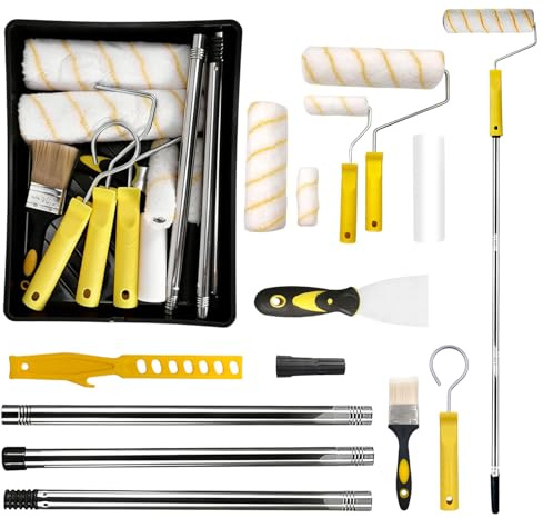 13Pcs Paint Roller Set, Paint Tray Set Paint Rollers 9 Inch | With 5pcs Roller and Traypaint, 4 Inch Paint Roller with Paint Roller Extension Pole for Painting Walls, Ceilings, Doors