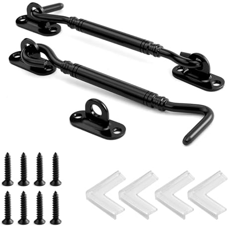 Pack of 2 Storm Hooks with Eyelet, 6 Inches, Black Window Hooks, Window Stopper, Upgraded and Thickened for Upper and Lower Door Storm Hooks, Made of Wood, with 8 Mounting Screws and 4 Table Corner