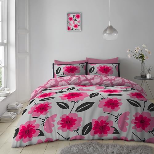 GC GAVENO CAVAILIA Flower Duvet Cover Set | Hypoallergenic & Washable Pink Double Duvet Set With Pillow Case | Polycotton Reversible Printed Floral Quilt Cover Bed Sets