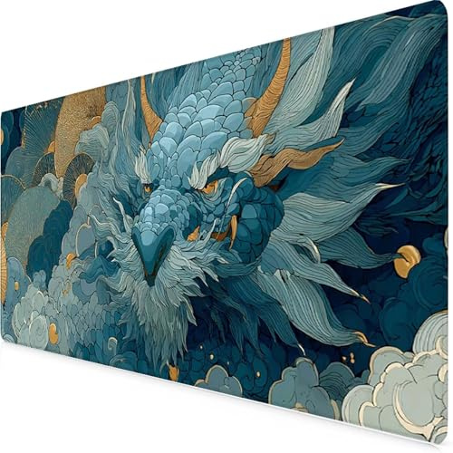 Gaming Mauspad XXL 90x30cm, Mauspad Blau Mousepad Drachen Schreibtischunterlage mit 3MM Genähten Kanten Fransenfreie, WassXerdicht Gaming Mousepad für PC, Laptop, Home, Office, Geschenke -yym250950