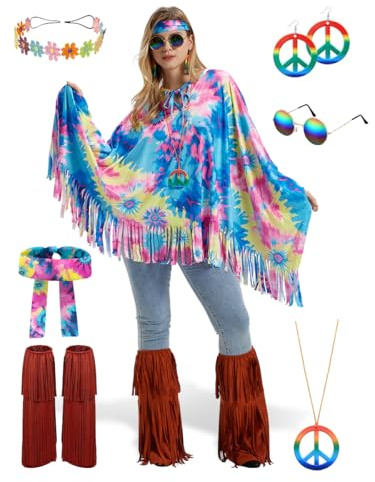 Geehora Hippie Kostüm Damen Set – 70er Jahre Flower Power Poncho mit Fransen, Accessoires & Beinstulpen für Fasching, Karneval & Mottoparty