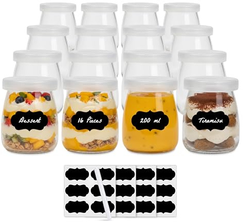Amajoy 16 x 200 ml Gläser Joghurtgläser mit Deckeln - Joghurtbecher - Ersatzgläser für Joghurtmaschinen - PE-Verschlusskappen Glasbehälter