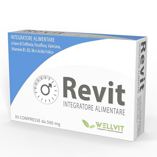 REVIT - Integratore Naturale per Stress, Ansia, con Griffonia, Passiflora, Valeriana e Vitamine Gruppo B, favorisce Serenità Mentale ed Equilibrio della Serotonina, (30Cps) Made in Italy – Wellvit