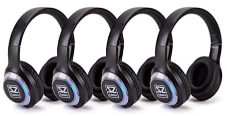 SubZero UHF Silent Disco Kopfhörer, 4er-Pack | Mehrkanal-Kopfhörer für Events, LED-Kanalleuchten helfen Zuhörern, ihre Gruppe zu finden, 9h Akkulaufzeit, 4er-Pack