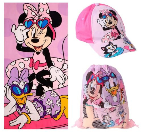 Set Toalla, Gorra y Mochila Minnie para Playa y Piscina - Set Infantil Minnie con Gorra, Toalla y Saquito, Set Verano Niño y Niña Completo, Ideal para Vacaciones y Excursiones