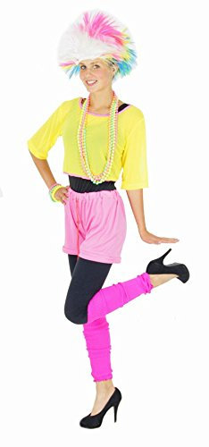 80er Jahre Aerobic Kostüm für Damen Karneval Fasching Neon Party Netzshirt Größe L
