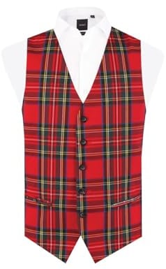 Dobell Mens Red Tartan Waistcoat Regular Fit 5 Button