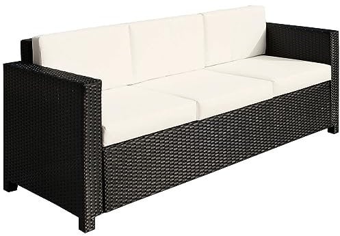 Outsunny 3 Seater Rattan Sofa with 10 cm Thick Padded Cushion, All-Weather PE Wicker Weave Garden Three-seater Bench with Armrests, Black