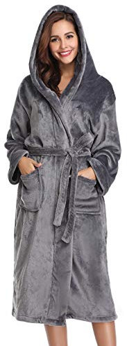 Vlazom Accappatoio Donna Pile Vestaglia Invernale Morbido Vestaglia Accappatoio Microfibra Cappuccio Tasche Cintura per Casa Regalo Natale,Grigio Scuro,L
