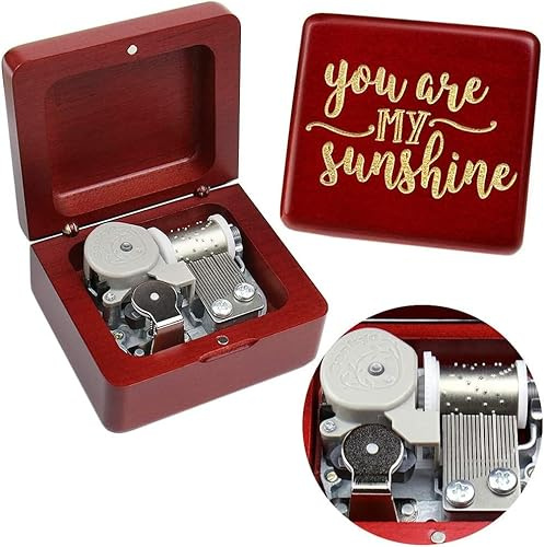 Sinzyo You are My Sunshine Music Box Solid Wood Laser Carving Vintage Gift Musical Boxs for Birthday Valentine's Day Christmas(Wine Red Wooden Box)