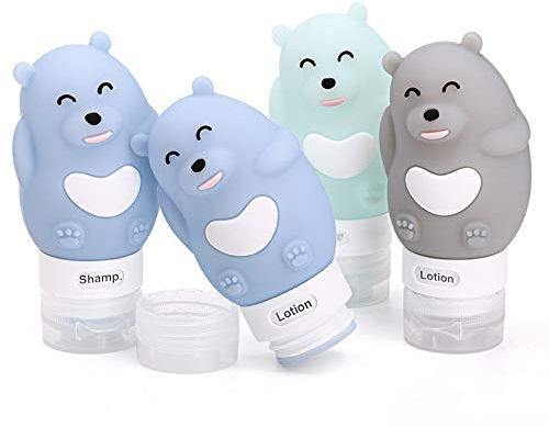 MUUZONING Flacon de Voyage Ours Mignon sous-Bouteille de Voyage Vide Silicone Contenant Avion sans BPA pour Crème Lotion Gel Douche TSA Aéroport Approuvés,avec Un Sac Portable-4 Pièces(80 ML)