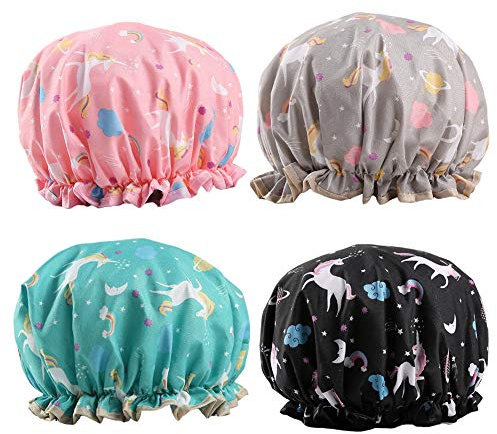 4 Piezas Gorro Baño Doble Capa, Gorros Ducha Reutilizables Impermeables, con Banda Elástica, para Ducha y Balneario, Salón, Spa, Viajes, Hotel, Ducha, Cocina(Unicornio de Dibujos Animados)