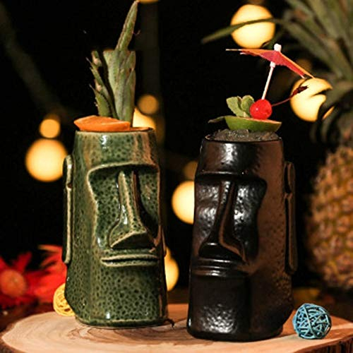 Tasse à cocktail hawaïenne en céramique - 700 ml - Jolis verres à cocktail exotiques - Verres à cocktail Tiki Bar professionnels hawaïens - Articles de bar (vert + noir)