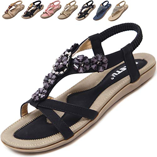 Acfoda Sandales Femme Été Confortable Plats Nu Pieds Cuir Tong de Plage Mode Claquettes Bout Ouvert avec Strass Noir 38
