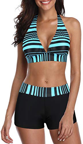 Durio Bikini Damen Bikini Set Zweiteiliger Badeanzug Bikini mit Hotpants Träger Oberteil Bikinihose Schwarz Blau gestreift 38