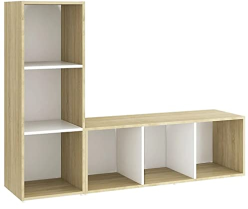 vidaXL 2X TV Schrank mit 3 Fächern Lowboard Sideboard Fernsehtisch Fernsehschrank TV Möbel HiFi-Schrank Weiß Sonoma-Eiche 107x35x37cm Holzwerkstoff
