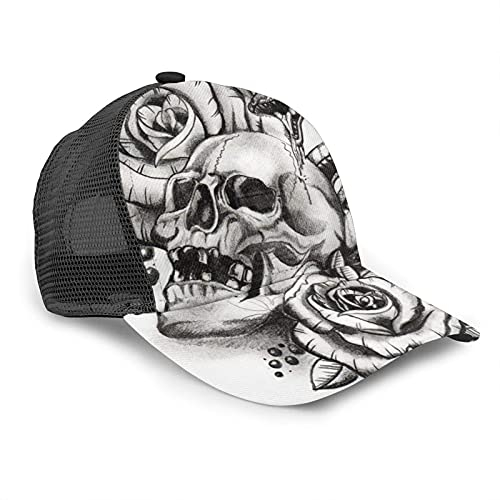 Oaieltj Unisex Baseball Cap Damen Herren Klassische Baseball Cap Verstellbare Snapback Mesh Trucker Hut Sonnenhut, Roses Horror Skull Graphic Schlange Tattoo, One size