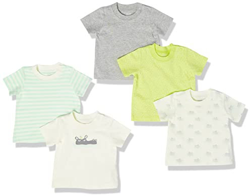 Amazon Essentials Unisex Babies' Short-Sleeve Tee, Pack of 5, Bright White Hippo/Green Stripes/Grey/Lime Green/White, 0 Months