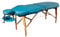 Zen Oval Massageliege klappbar, mobil - stabile Massagetisch, Kosmetikliege, Tattoo Liege aus Holz, Massagebank Behandlungsliege inkl. Tasche, Armlehne, Alu-Kopfstütze für Physiotherapie (Türkis)