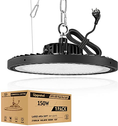 ICEKO 150w LED Werkstatt Deckenleuchte,22500LM/6000k/IP65 Wasserdicht,UFO LED Hallenstrahler, Industrial Werkstattlampe,Feuchtraumleuchte,Kellerlampe,Werkstatt Beleuchtung(Schwarz)
